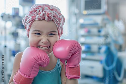 A girl in a hospital room, with a face of anger and determination, dressed in pink boxing gloves and a headscarf, ready to fight against cancer and any health challenge © SnapVault