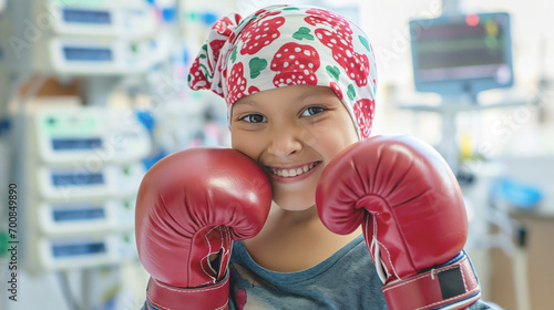 A girl with a radiant smile in a defensive position and equipped with red boxing gloves, ready to face the challenges of cancer and any obstacle that arises, in the hospital. © SnapVault