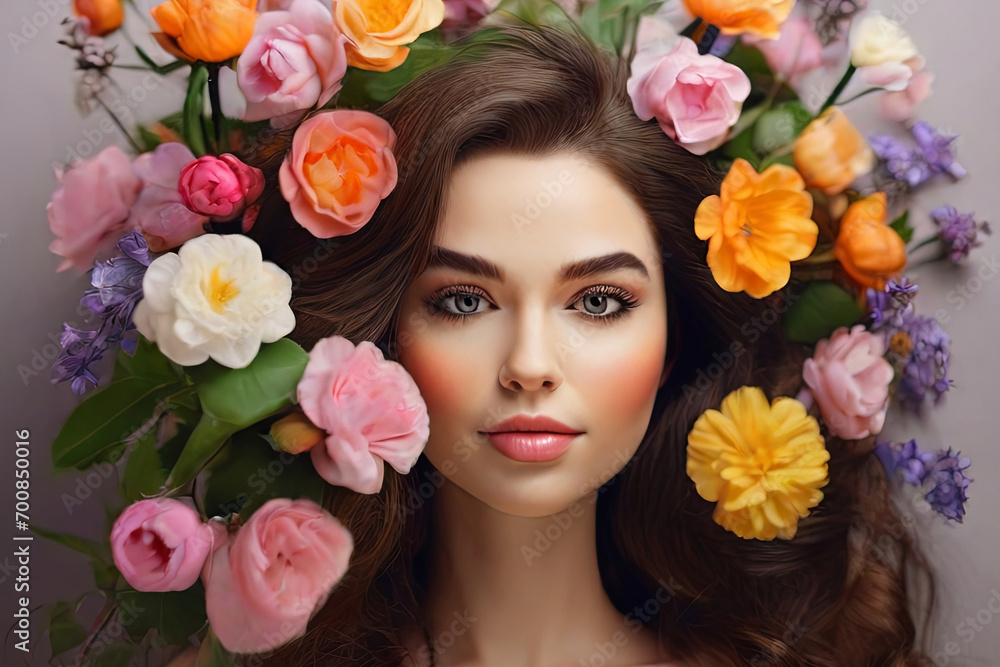 Spring blooms on woman's face Celebrating women's day, self love, and positive mental health. Ideal for empowering visuals. Spring blooms on woman's face Celebrating women's day, self love, and positive mental health. Ideal for empowering visuals.