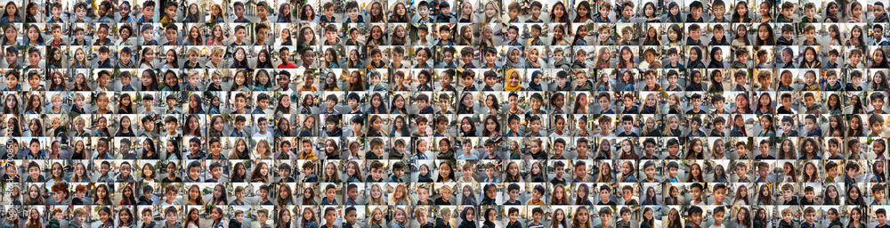 Obraz premium composite portrait of early teens of different cultures headshots, including all ethnic, racial, and geographic types of children in the world outside a city street
