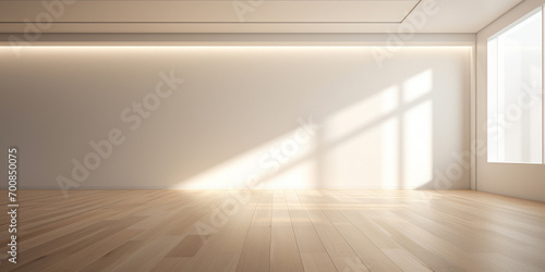 Minimalist living room interior with wooden flooring and stylish decor on a large wall  serving as a great backdrop for photography or design presentations. Generative AI.