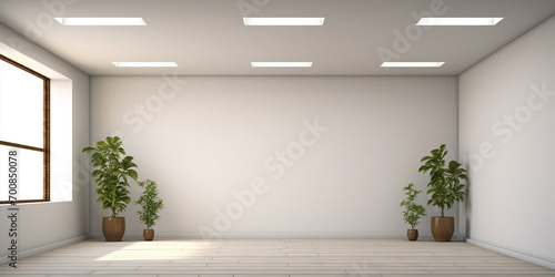Minimalist living room interior with wooden flooring and stylish decor on a large wall  serving as a great backdrop for photography or design presentations. Generative AI.