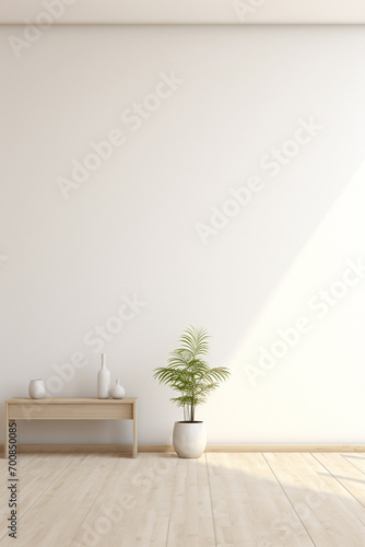 Minimalist living room interior with wooden flooring and stylish decor on a large wall, serving as a great backdrop for photography or design presentations. Generative AI.
