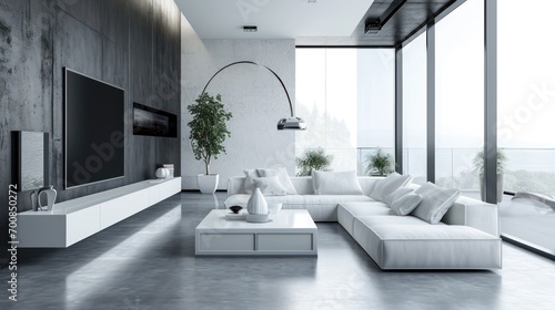 A modern minimalist living room with sleek furniture and a monochromatic color scheme
