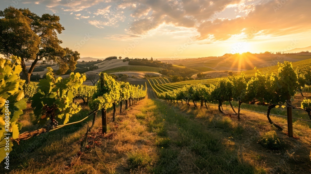 A panoramic vineyard scene at sunset, with rows of grapevines and a picturesque landscape, evoking the beauty and tradition of winemaking. - obrazy, fototapety, plakaty 