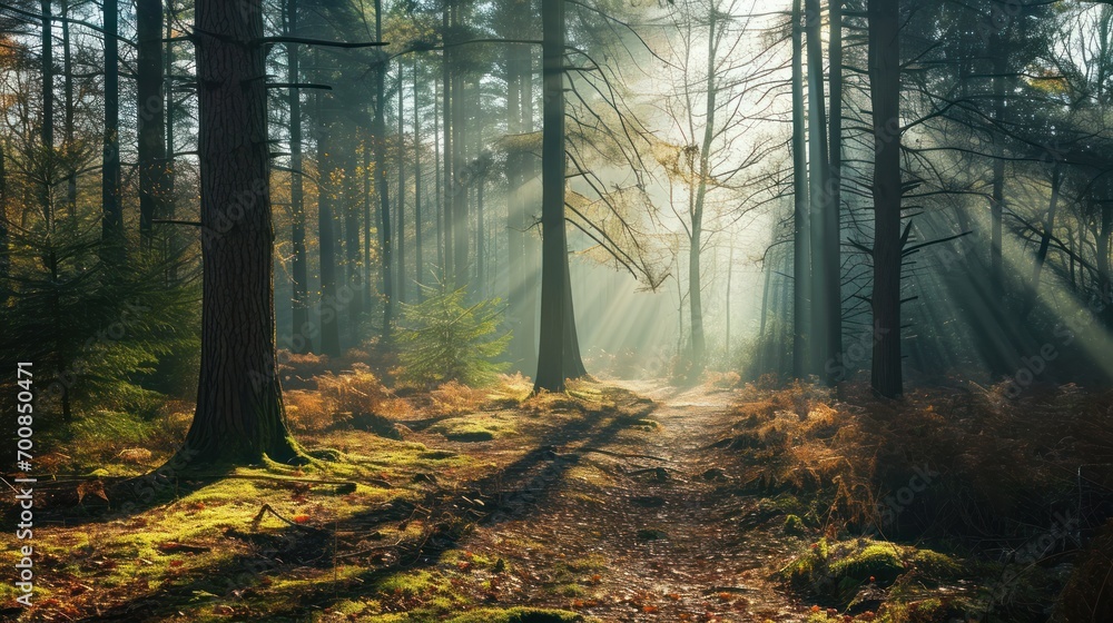 A peaceful nature scene, capturing the tranquility of a forest with sunlight filtering through the trees, evoking a sense of calm and escape. - obrazy, fototapety, plakaty 