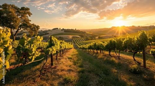 A panoramic vineyard scene at sunset, with rows of grapevines and a picturesque landscape, evoking the beauty and tradition of winemaking. photo