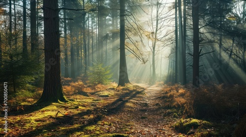 A peaceful nature scene, capturing the tranquility of a forest with sunlight filtering through the trees, evoking a sense of calm and escape. photo