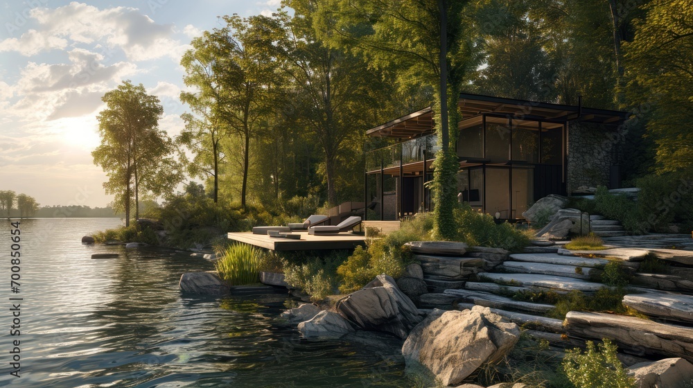 Obraz premium A serene lakeside retreat, capturing the peace and beauty of nature, ideal for relaxation, reflection, and disconnecting from the busy world.