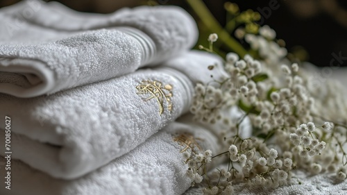 Soft white towels with elegant embroidery and baby's breath flowers