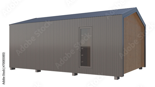 Project of a modern small wooden house in the Scandinavian style barnhouse, with a metal roof. On a transparent background, isolated, perspective view, 3D illustration