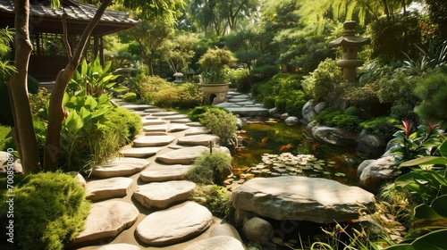 A tranquil Zen garden with stone paths, koi ponds, and meditation spaces