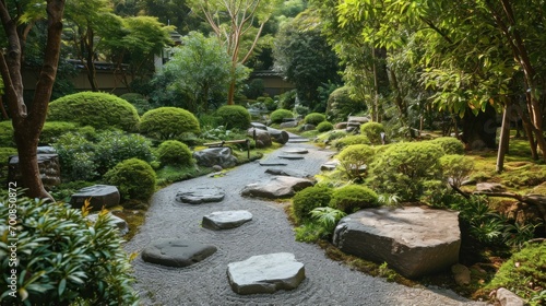 A tranquil Zen garden with a path, stones, and greenery