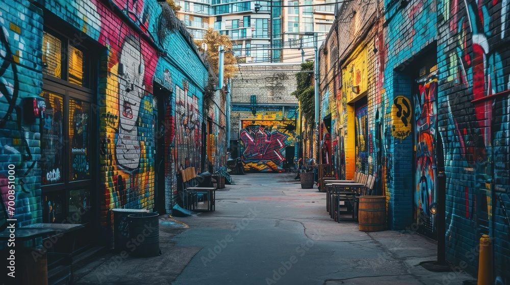 A vibrant street art scene in an urban setting, showcasing diverse artistic expressions