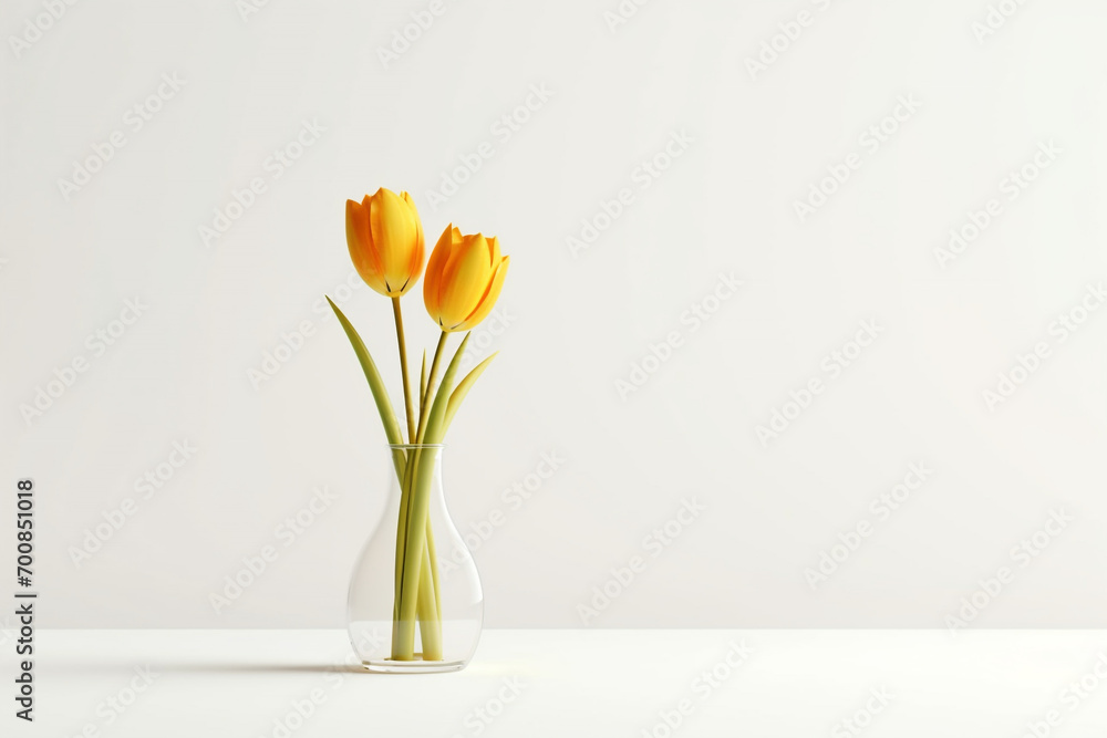 minimalistic flower composition. yellow tulip in a vase on a white background, space for a text minimalistic flower composition. yellow tulip in a vase on a white background, space for a text