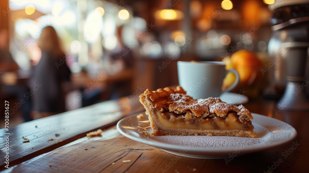 A slice of apple pie with a cup of coffee on a wooden table