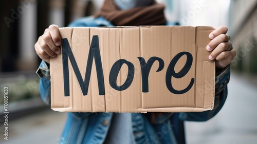 Person holding a cardboard sign with "More" written on it © Artyom