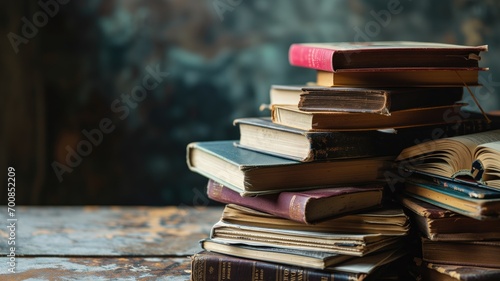 Stack of vintage books on a wooden table photo