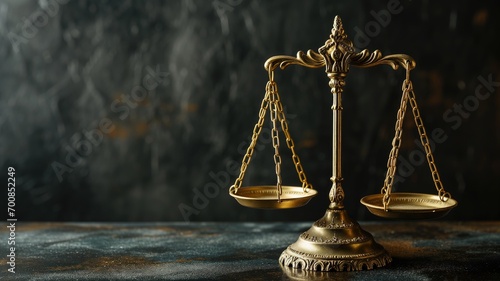 Golden scales of justice on a dark background photo