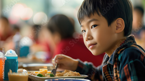 Young boy eating lunch in school cafeteria