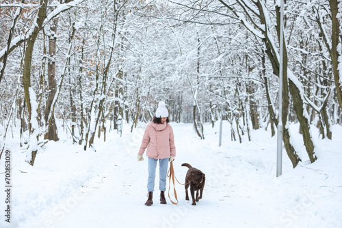 Woman walking with adorable Labrador Retriever dog in snowy park