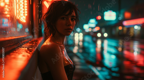 Sad woman in rain in street at night 