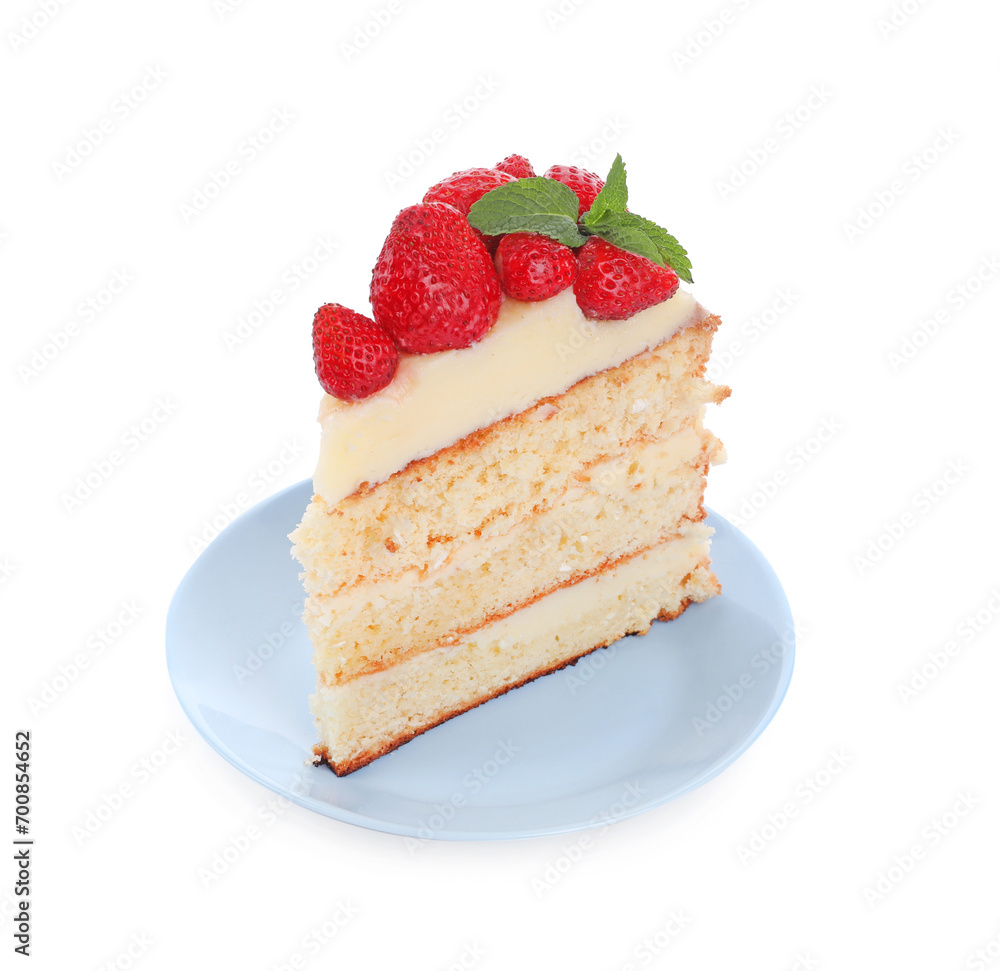 Piece of tasty cake with fresh strawberries and mint isolated on white Piece of tasty cake with fresh strawberries and mint isolated on white