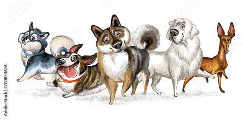 Cute character group of funny cartoon different dogs isolated illustration