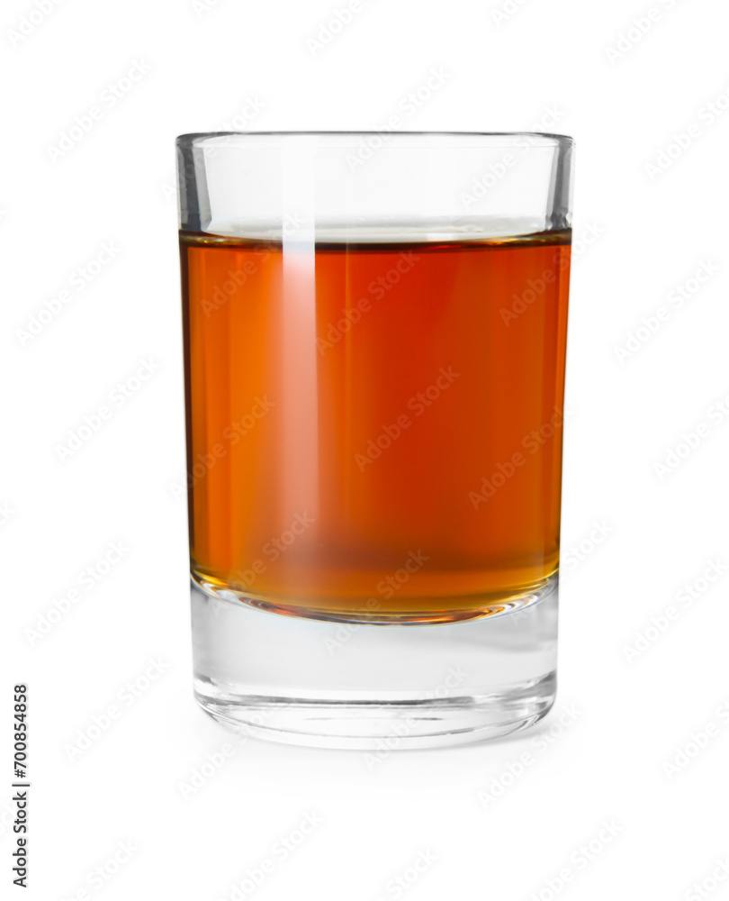 Shot glass with tasty amaretto liqueur isolated on white Shot glass with tasty amaretto liqueur isolated on white