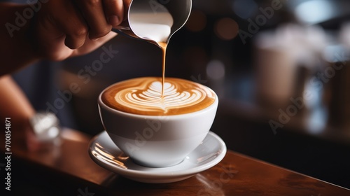 Artistry in Motion  Mesmerizing Latte Pour by Skilled Barista - Captivating Coffee Cup Closeup in Vibrant Coffee Shop Ambiance