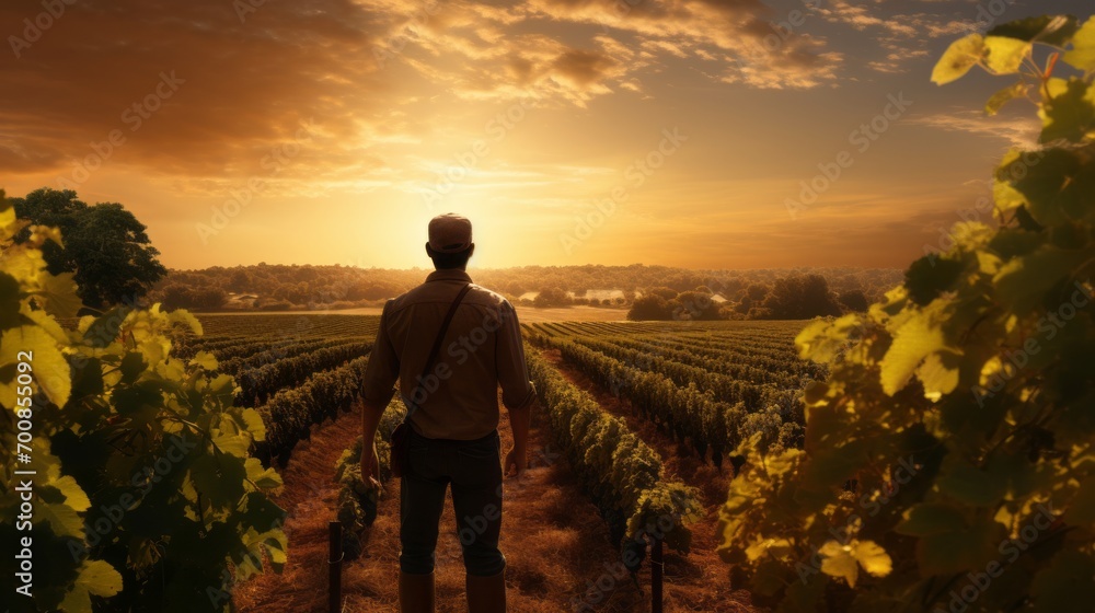 Golden Dawn: A Serene Figure Embracing the Promise of Harvest in a Bountiful Vineyard Golden Dawn: A Serene Figure Embracing the Promise of Harvest in a Bountiful Vineyard