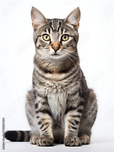 a standing tabby cat on a white background looking at the camera