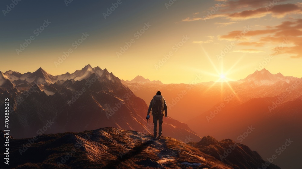 Summit Serenity: Majestic Sunrise Over Silhouette Mountains - Inspiring Hiker's Journey to Triumph