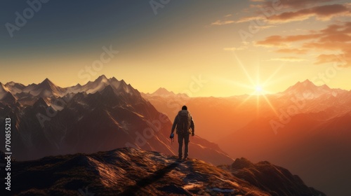 Summit Serenity: Majestic Sunrise Over Silhouette Mountains - Inspiring Hiker's Journey to Triumph