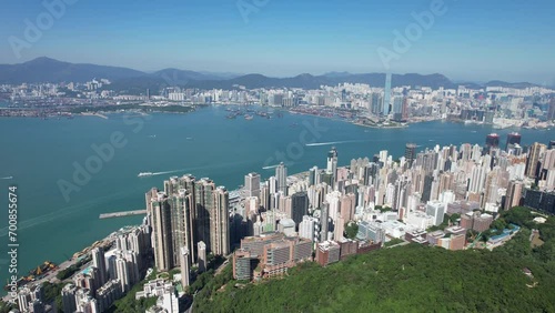 Pok Fu Lam Road, mixed forested and dense build areas on mountain slopes, connecting Aberdeen, Ap Lei Chau, Central and Sheung Wan in Hong Kong. Aerial drone Skyview from Kennedy Town to Cyberport  photo