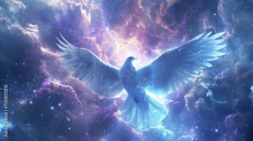 Artistic representation of the Holy Spirit as a luminous dove in a celestial background, symbolizing divinity and purity. photo