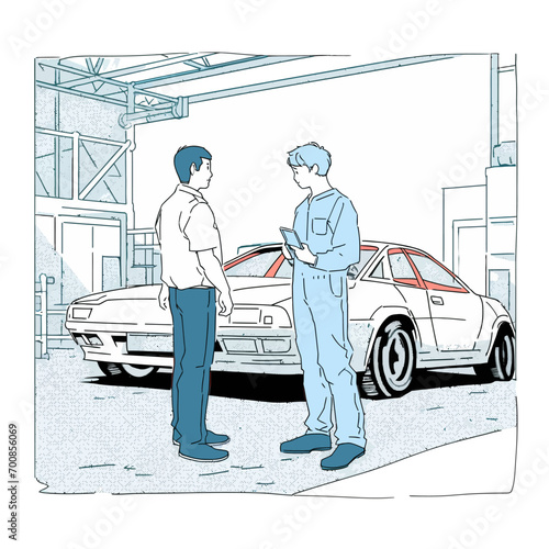 A mechanic and a customer discussing car repairs at a garage, vector illustration