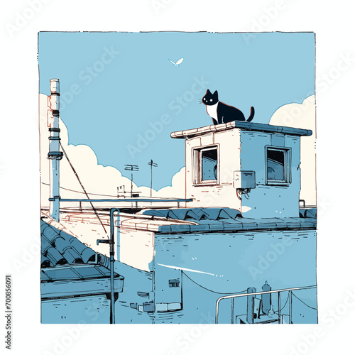 A curious cat exploring the rooftop at dusk, vector illustration