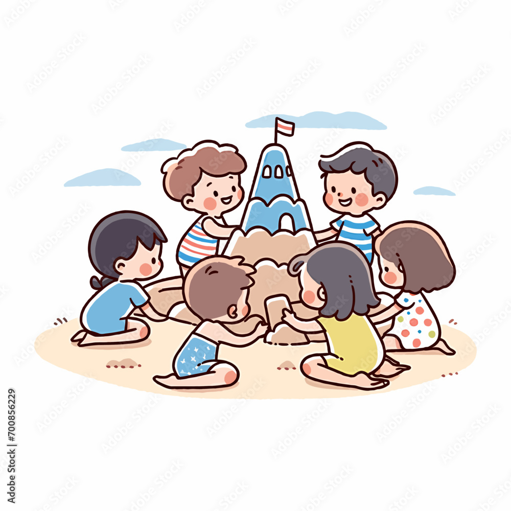A group of children building a sandcastle on a sunny beach, vector illustration A group of children building a sandcastle on a sunny beach, vector illustration