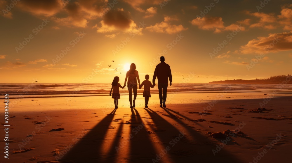 Golden Bond: Embracing Love and Unity - Mesmerizing Sunset Silhouettes of a Family on a Beach