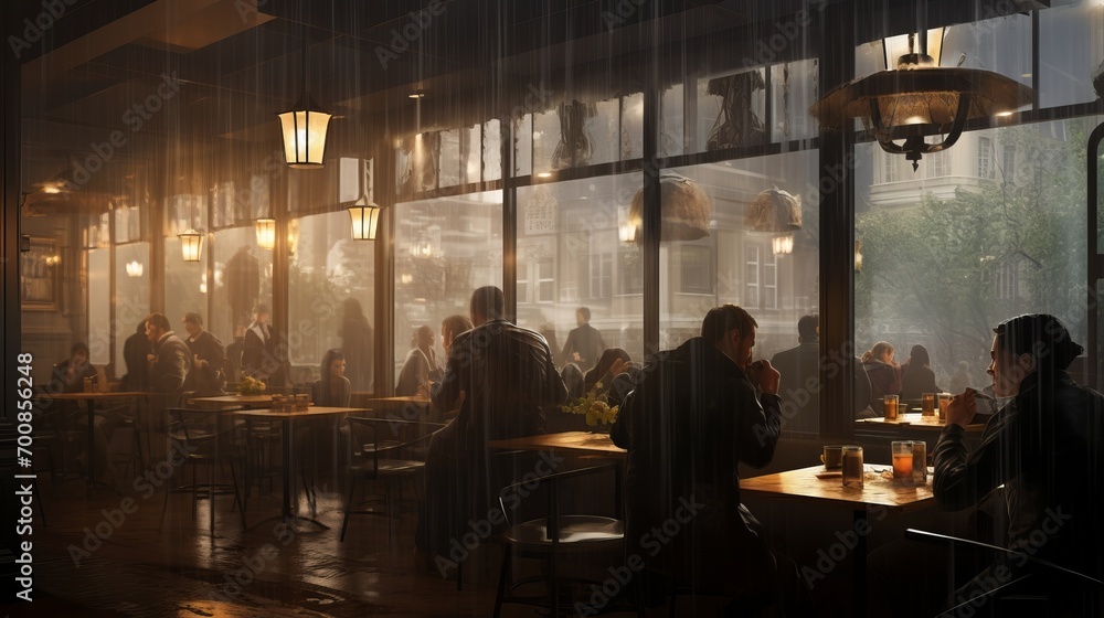 Rainy Day Bliss: Cozy Café Haven with Silhouetted Patrons Embracing the Serenity of a Stormy Atmosphere