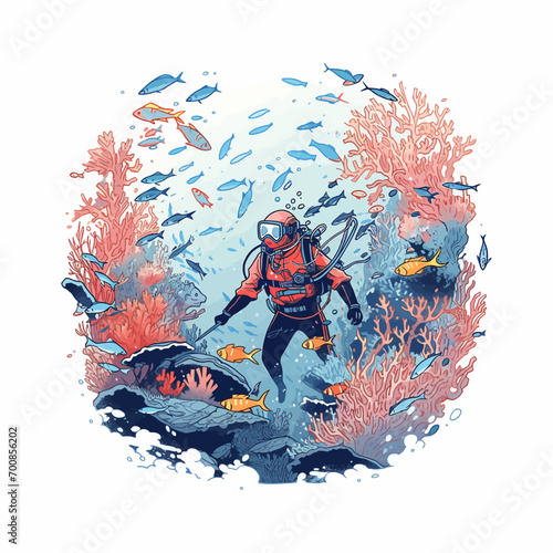 A diver exploring a vibrant coral reef filled with fish, vector illustration