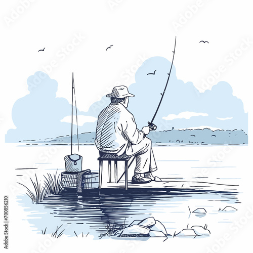 A fisherman patiently waiting by the serene lake, vector illustration