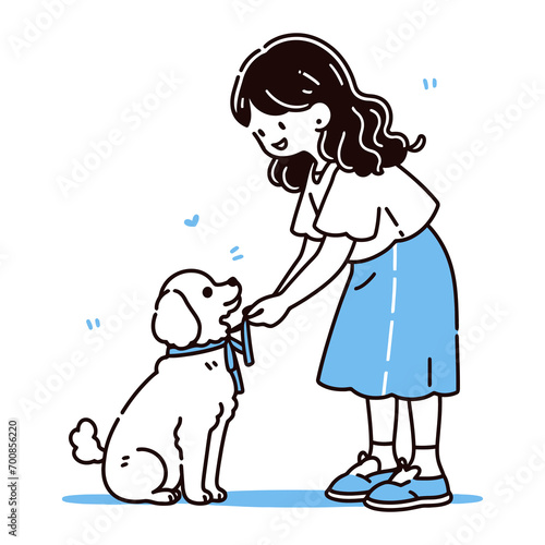A girl patiently teaching her pet dog new tricks, vector illustration