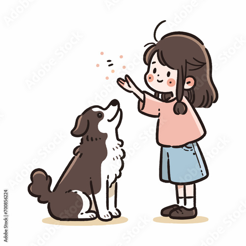 A girl patiently teaching her pet dog new tricks, vector illustration