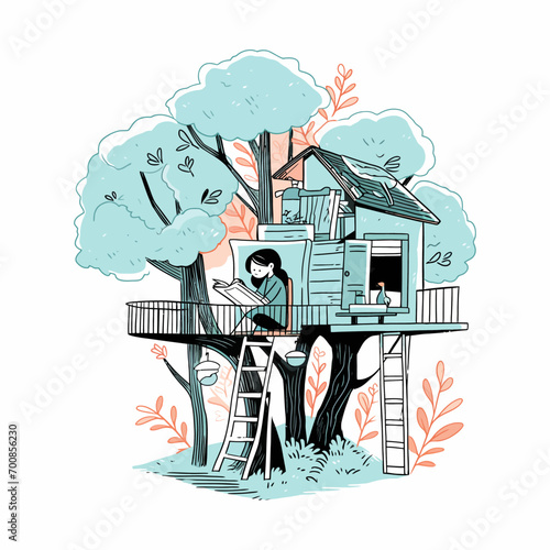 A girl reading a book in a treehouse surrounded by lush trees, vector illustration