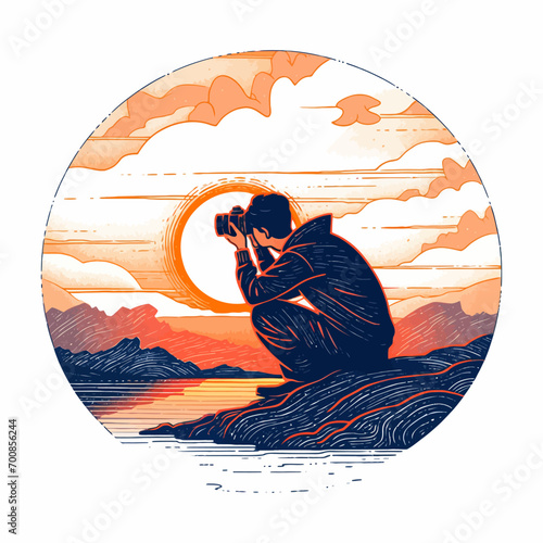 A photographer capturing a breathtaking sunset in a remote location, vector illustration