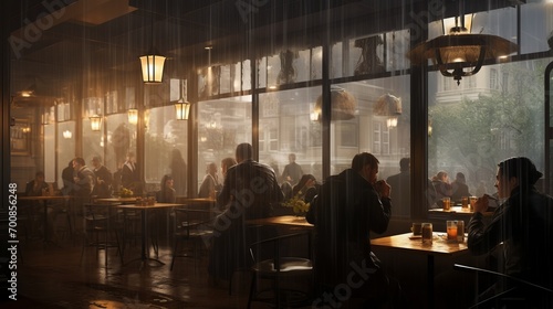 Rainy Day Bliss  Cozy Caf   Haven with Silhouetted Patrons Embracing the Serenity of a Stormy Atmosphere