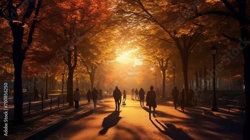 Dawn's Embrace: Serene Silhouettes Stroll Amidst Nature's Golden Glow in Urban Oasis
