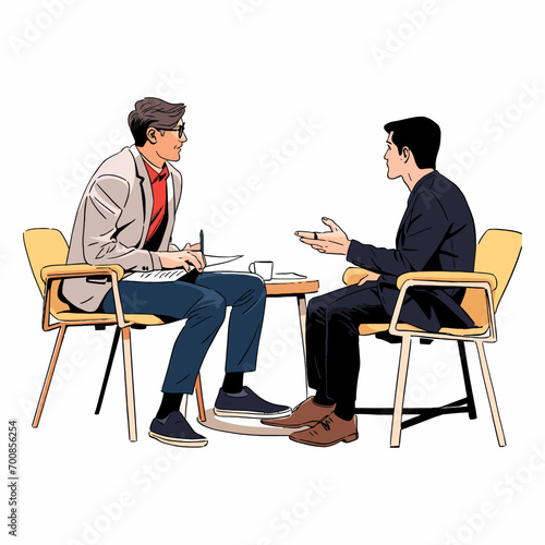 A journalist conducting an interview with a renowned figure, vector illustration